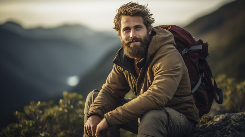 un randonneur barbu assis en montagne